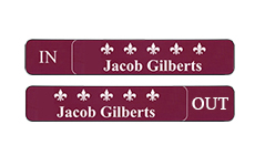 in/out logo name plates